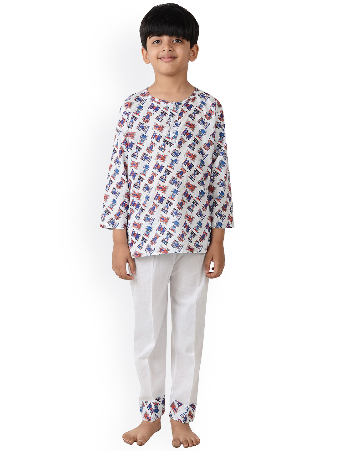 frangipani Unisex Kids White & Red Rocking Racers Printed Night suit