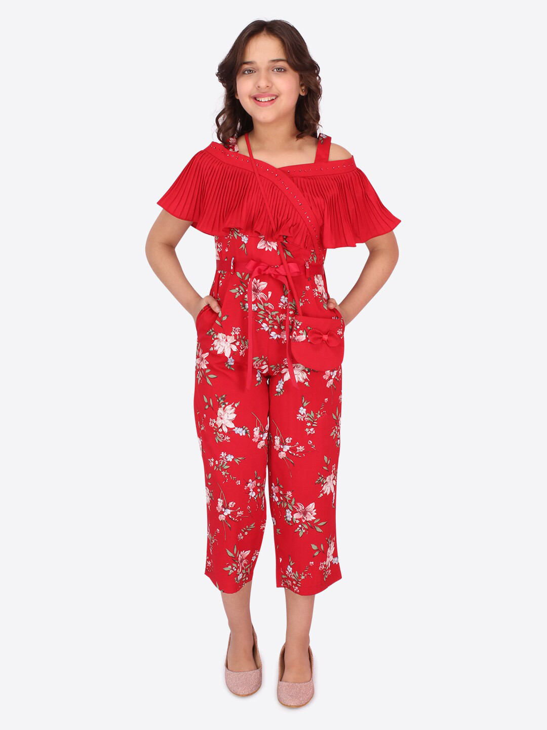 CUTECUMBER Girls Red Off-Shoulder Printed Culotte Jumpsuit