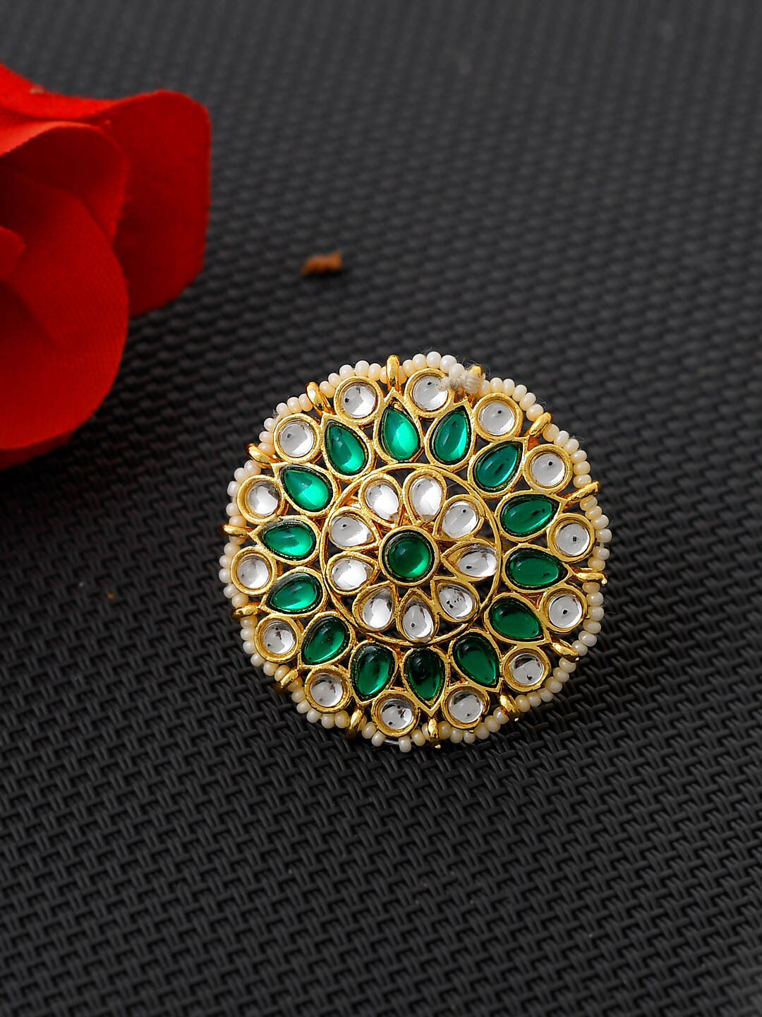 Silvermerc Designs Gold-Plated & Green Kundan Stone-Studded Meenakari Finger Ring