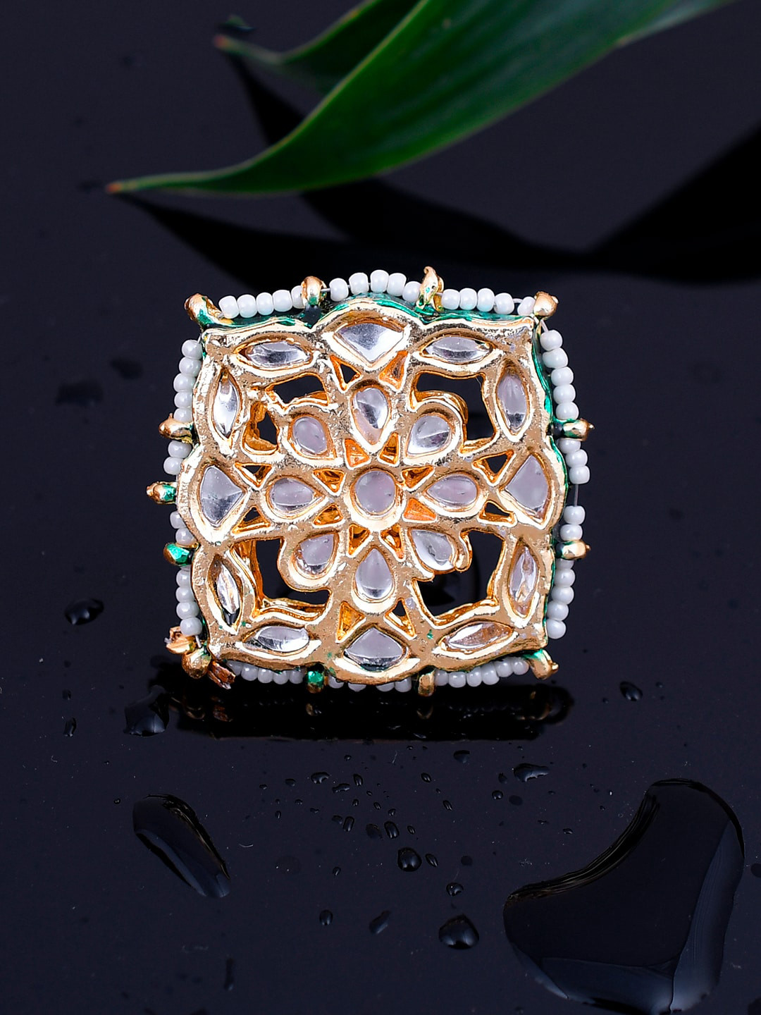Silvermerc Designs Gold-Plated & White Kundan-Studded & Beaded Meenakari Adjustable Finger Ring
