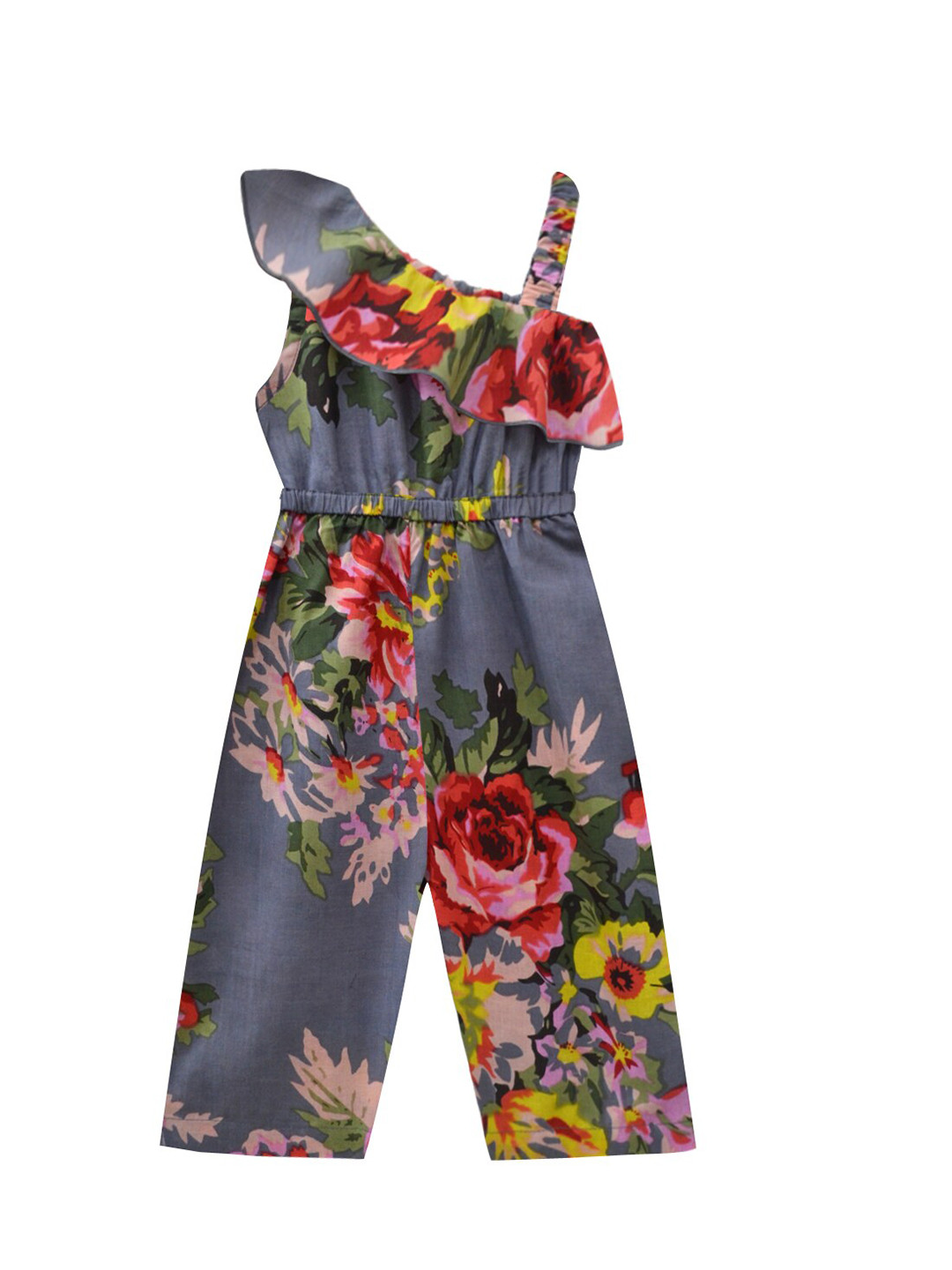 A.T.U.N. Girls Grey & Pink Floral Print One-Shoulder Ruffled Pure Cotton Basic Jumpsuit