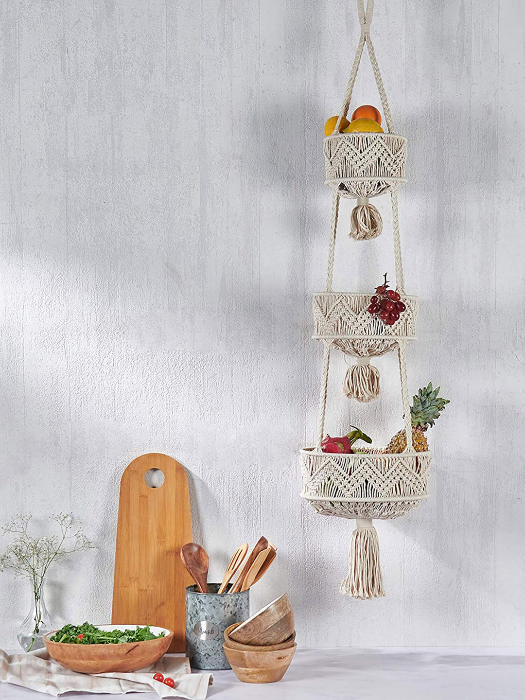 Homesake Beige 3 Tier Hanging Fruit Basket