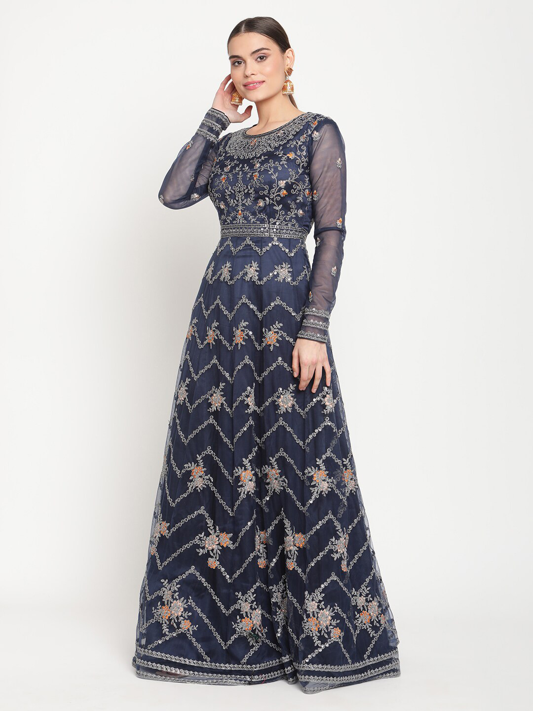 Stylee LIFESTYLE Navy Blue & Silver-Toned Embroidered Semi-Stitched Dress Material
