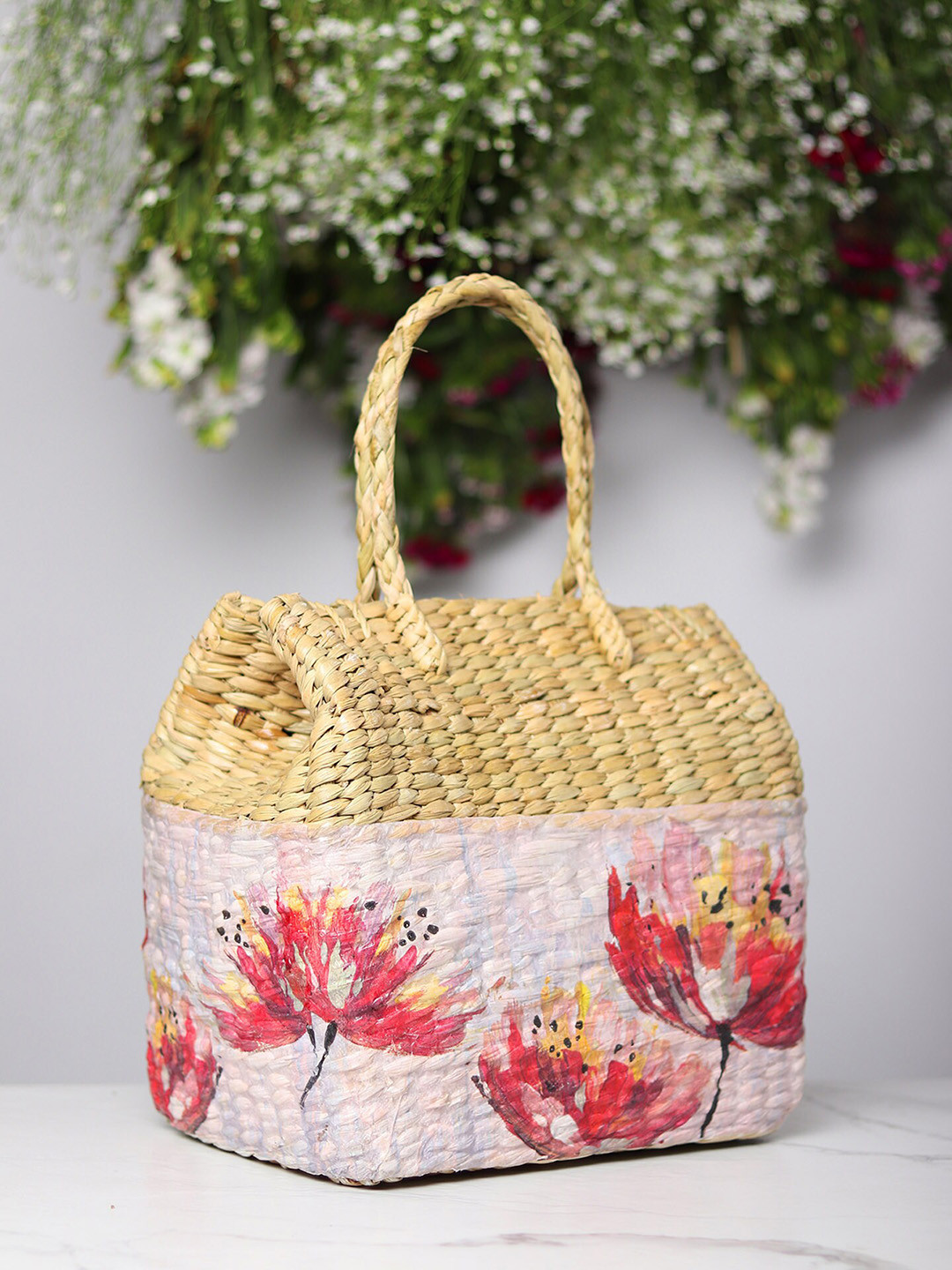 HABERE INDIA Pink & Beige Textured Grass Storage Basket