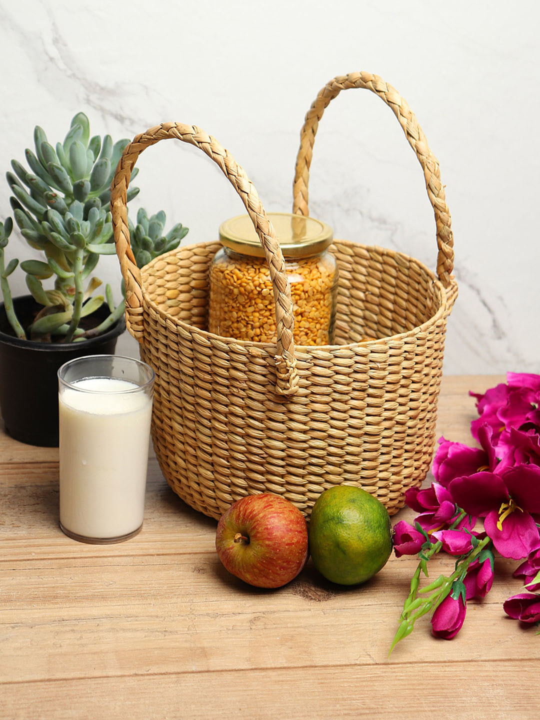 HABERE INDIA Beige Grass Fruit and Vegetable Basket