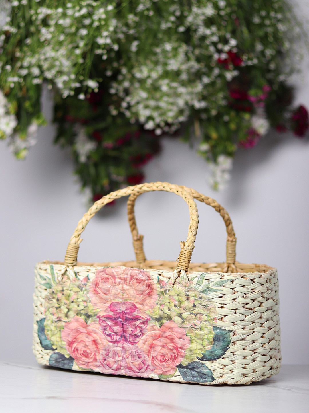 HABERE INDIA Beige & Pink Handcrafted Fruit & Vegetable Basket