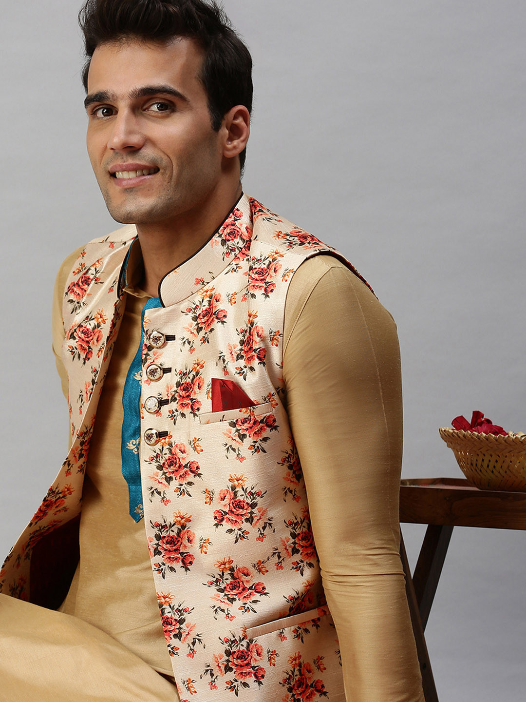 SHOWOFF Men Gold-Coloured & Peach-Coloured Printed Woven Nehru Jackets
