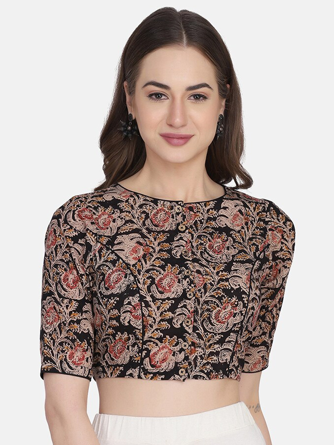 THE WEAVE TRAVELLER Women Black & Beige Hand Block Kalamkari Printed Cotton Saree Blouse
