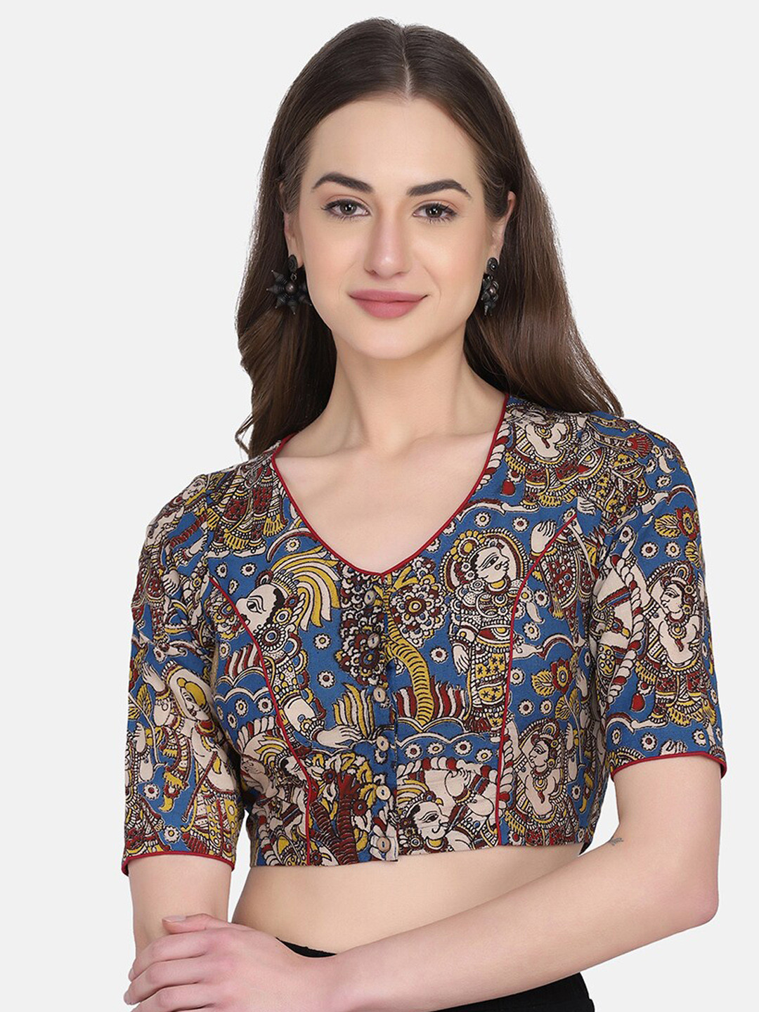 THE WEAVE TRAVELLER Women Blue Kalamkari Non Padded Block Printed Cotton Saree Blouse