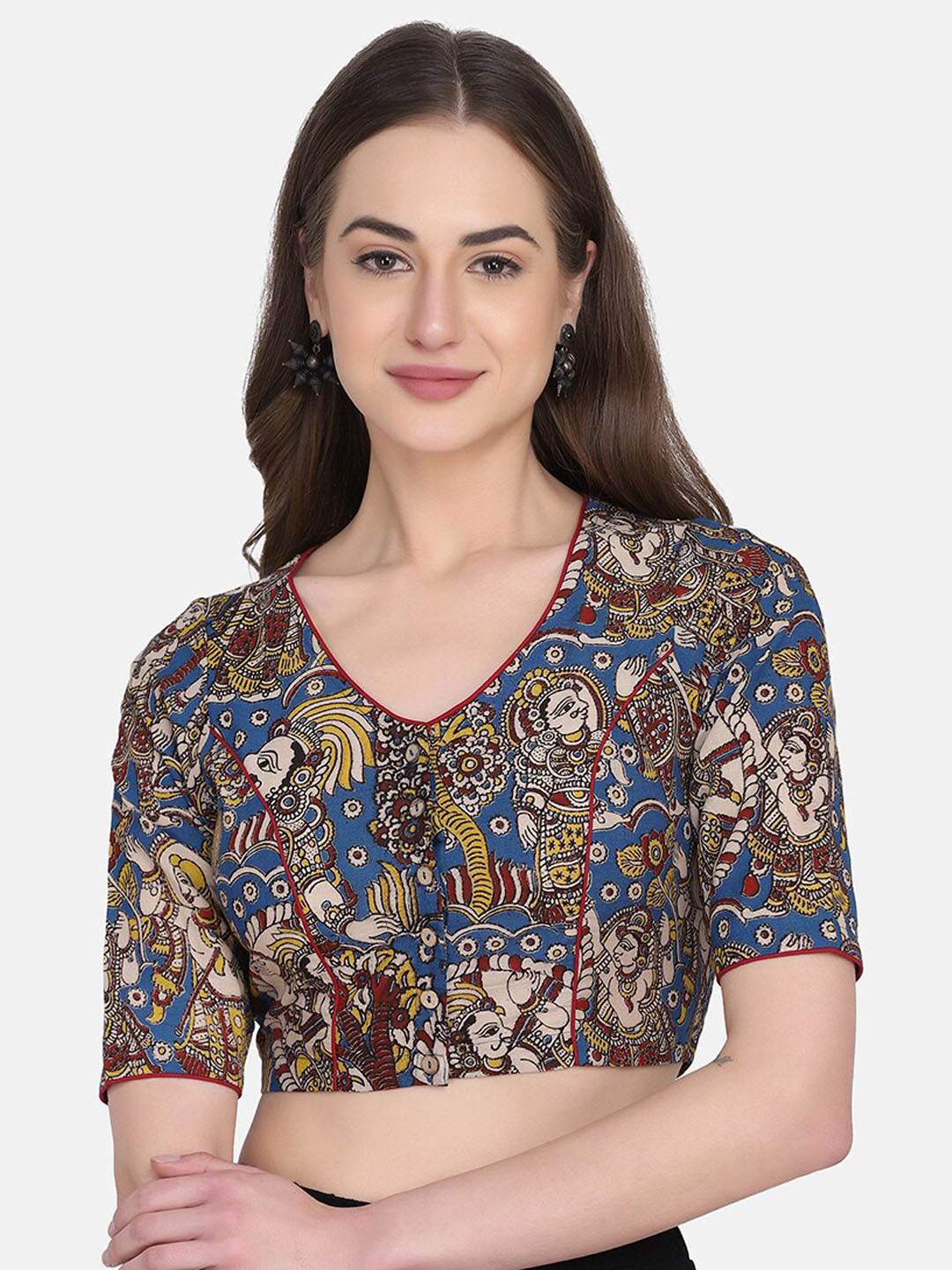 THE WEAVE TRAVELLER Women Blue & Red Hand Block Printed Cotton Saree Blouse