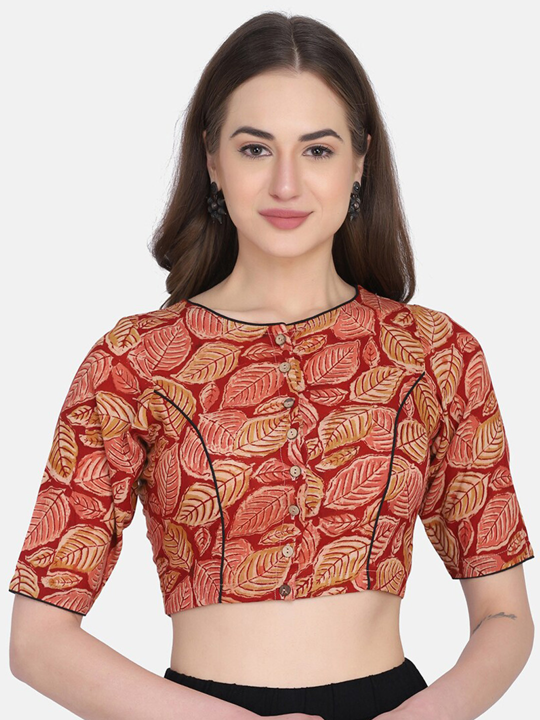 THE WEAVE TRAVELLER Red & Beige Kalamkari Printed Non Paded Cotton Saree Blouse