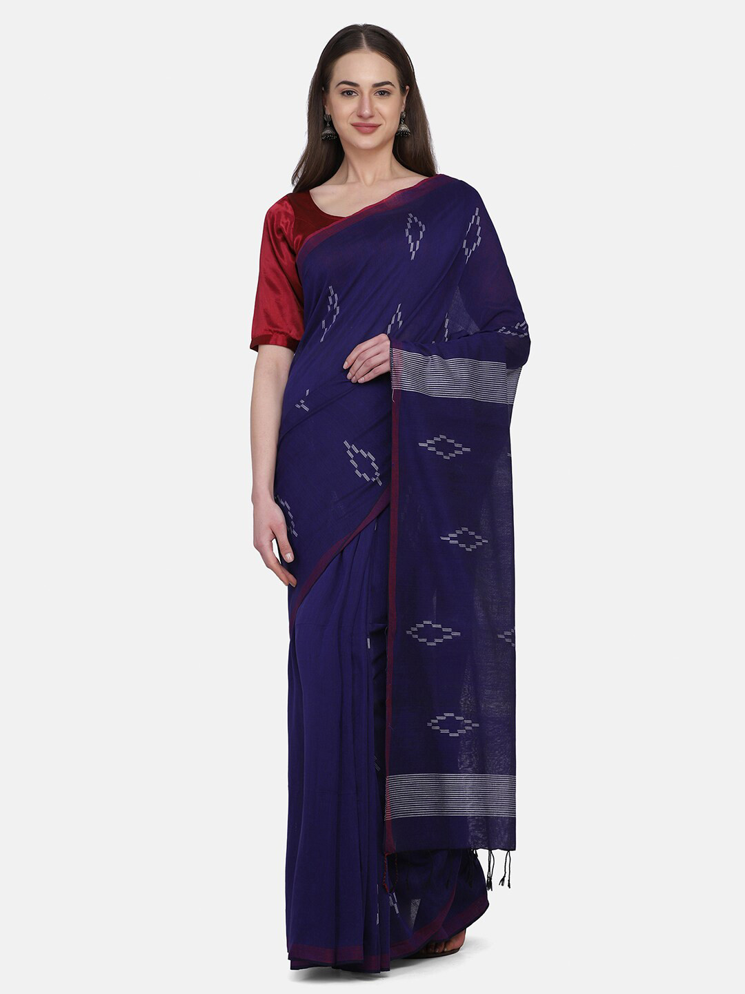 THE WEAVE TRAVELLER Blue & Maroon Pure Cotton Jamdani Saree