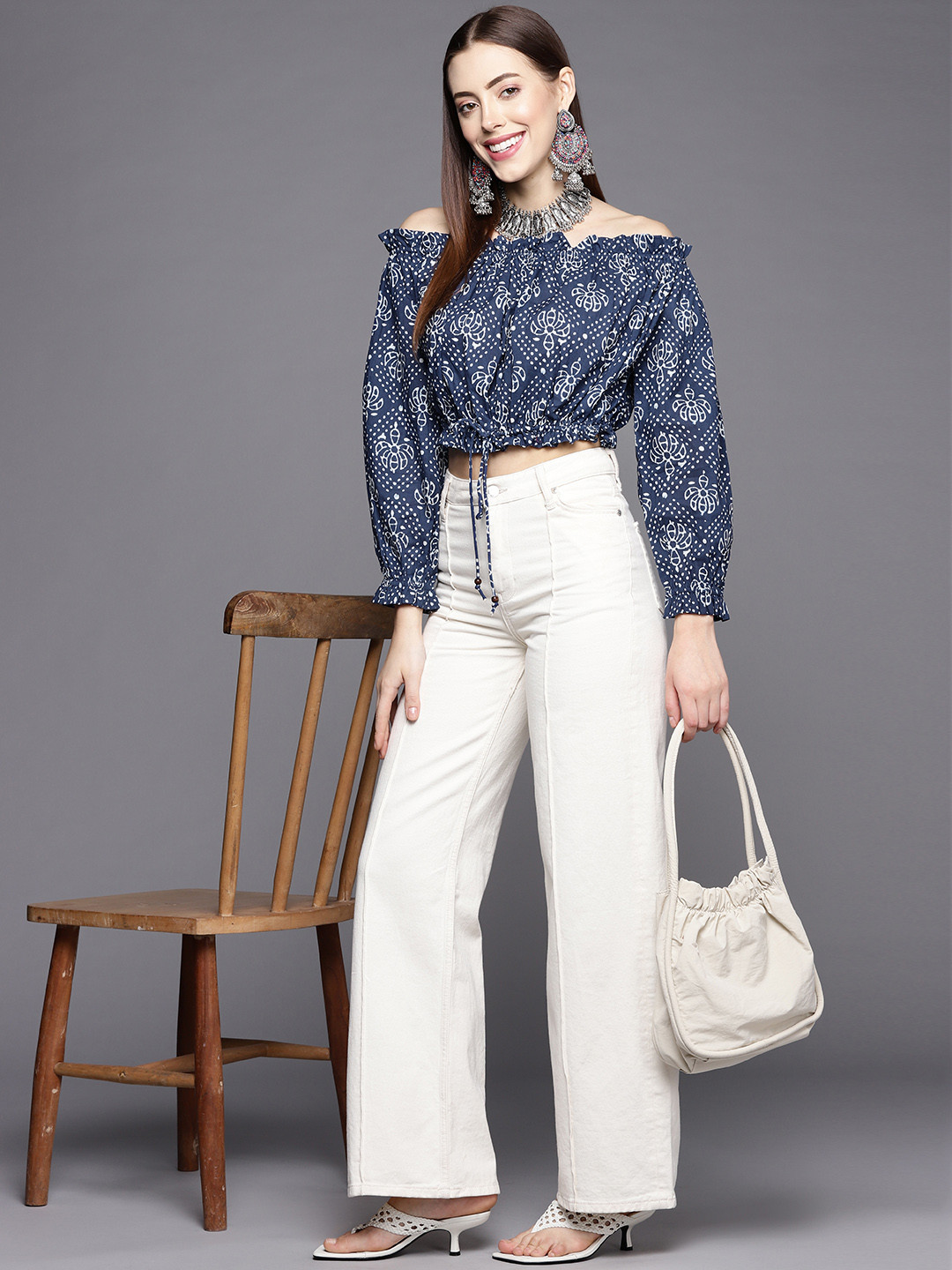 KSUT Navy Blue & White Printed Cotton Off-Shoulder Bardot Crop Top