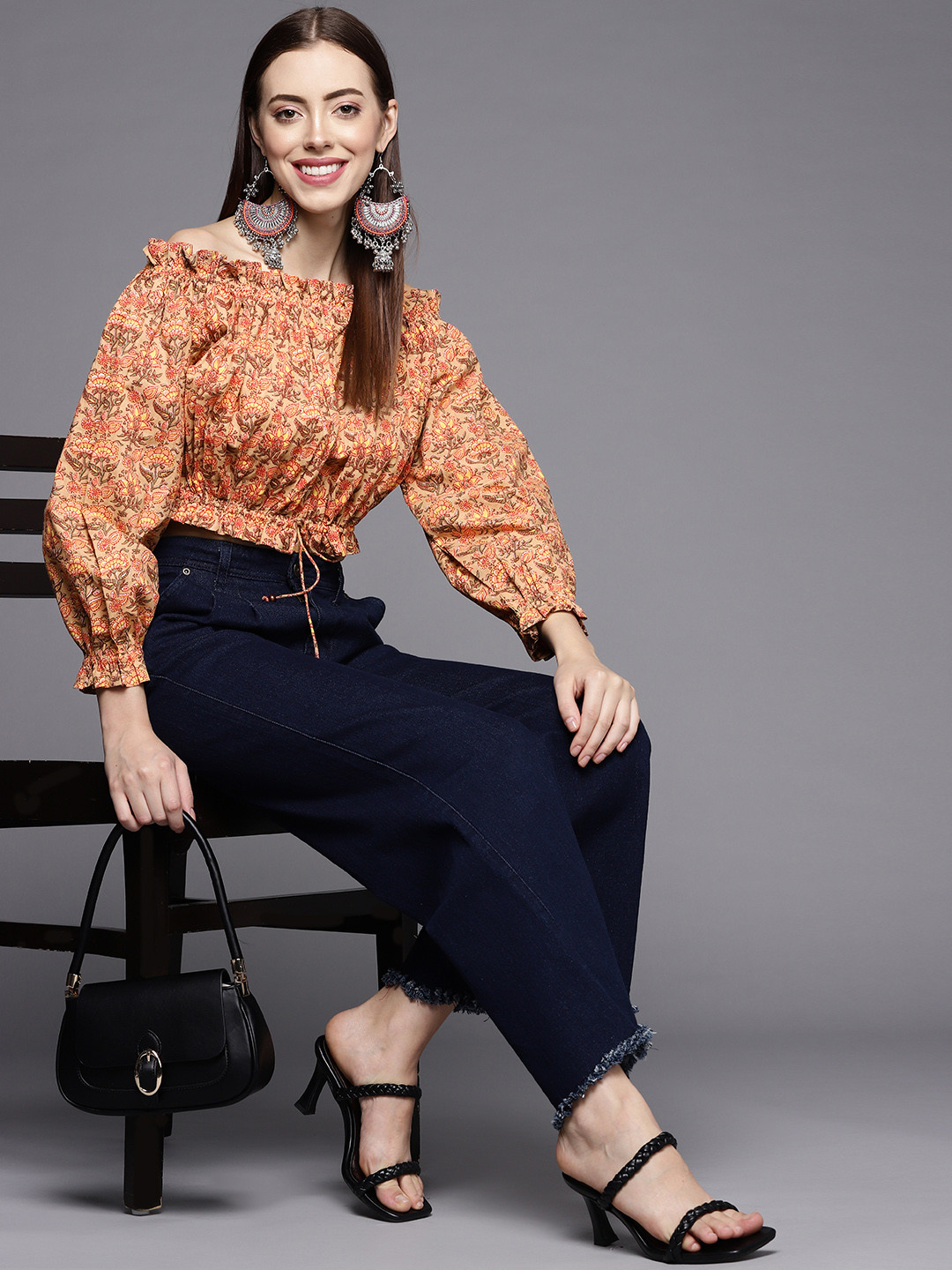 KSUT Beige & Yellow Printed Cotton Off-Shoulder Bardot Crop Top