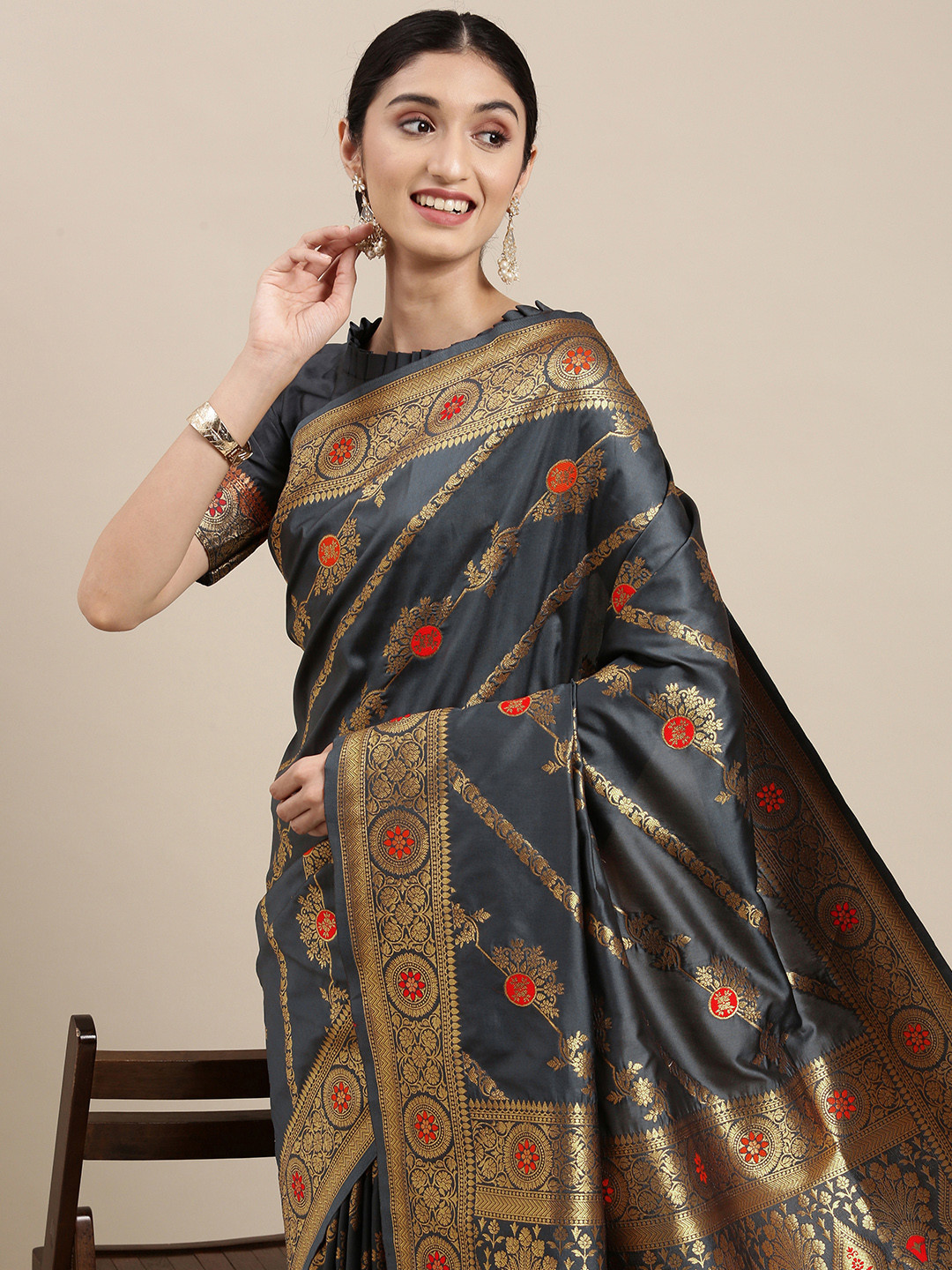 Mitera Charcoal Grey & Golden Ethnic Design Silk Blend Kanjeevaram Saree