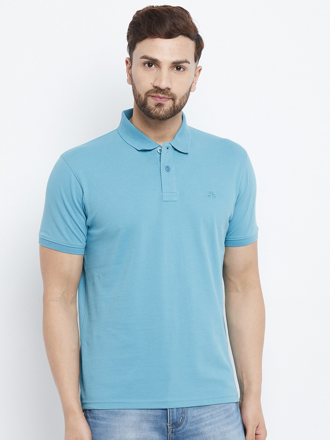 98 Degree North Men Blue Polo Collar Applique T-shirt