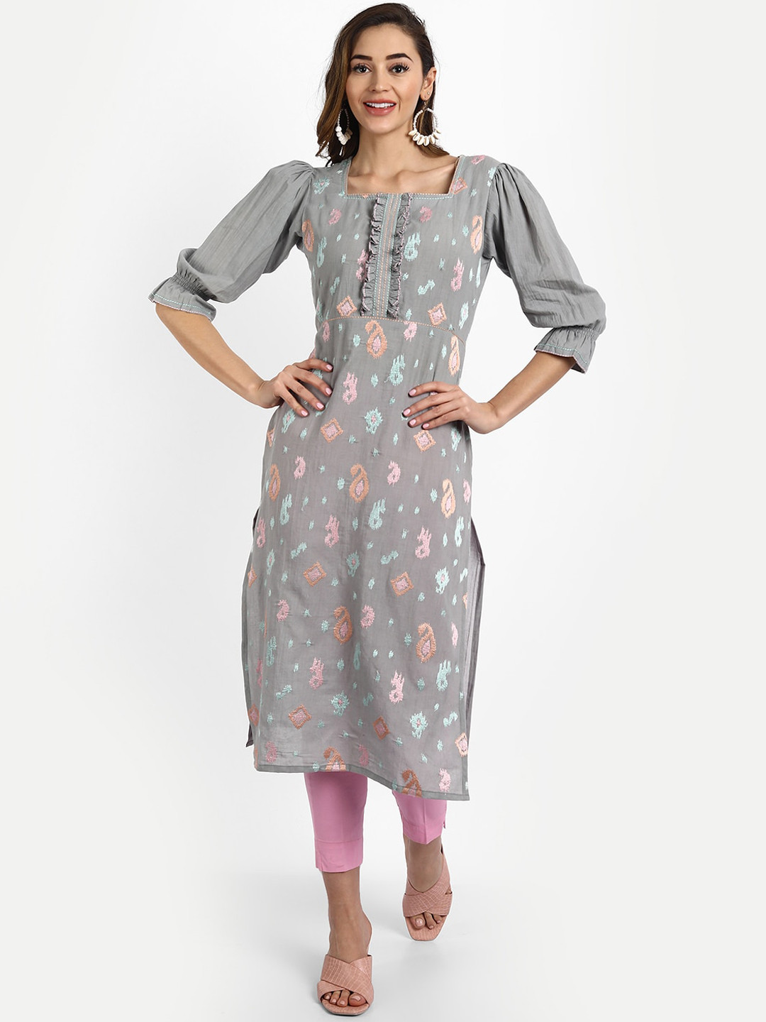 HK colours of fashion Women Grey Floral Embroidered Straight Kurta