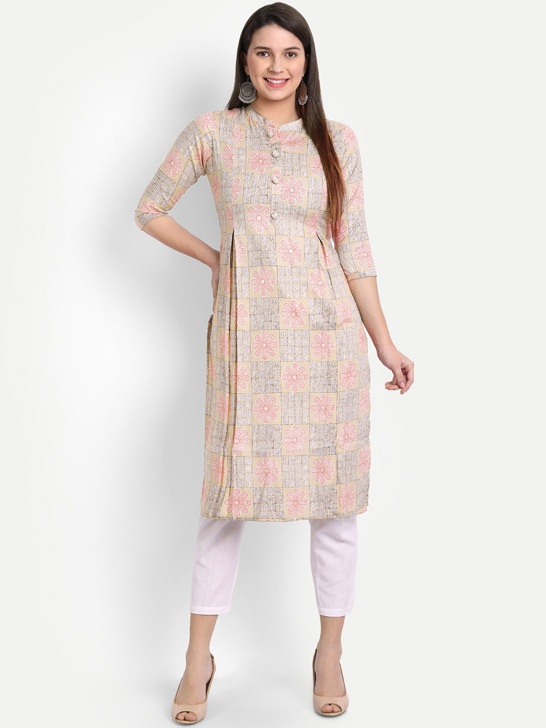 HK colours of fashion Women Camel Brown & Pink Floral Printed Kurta