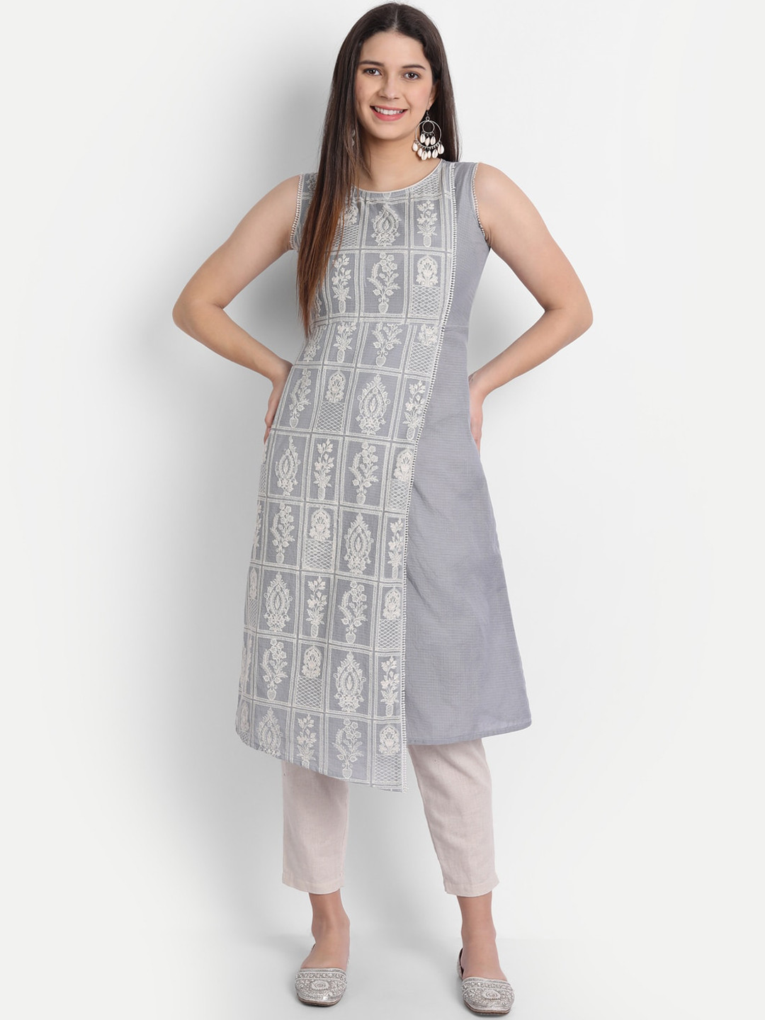 HK colours of fashion Women Grey Ethnic Motifs Embroidered A-Line Cotton Kurta
