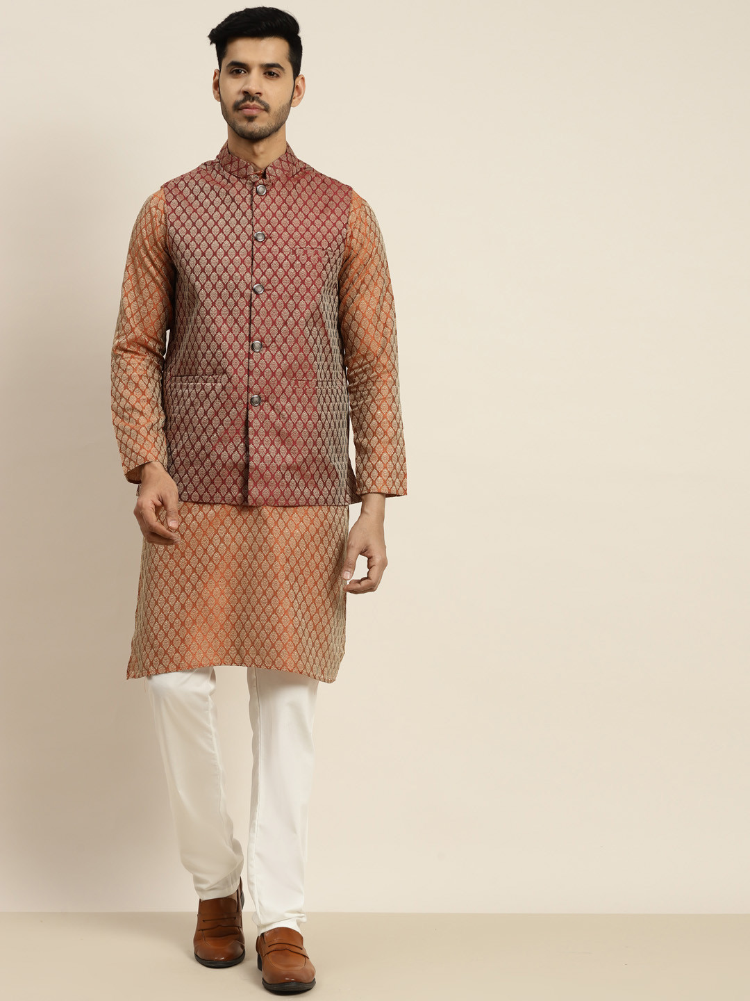 SOJANYA Men Orange Ethnic Motifs Kurta with Pyjamas & Nehru Jacket