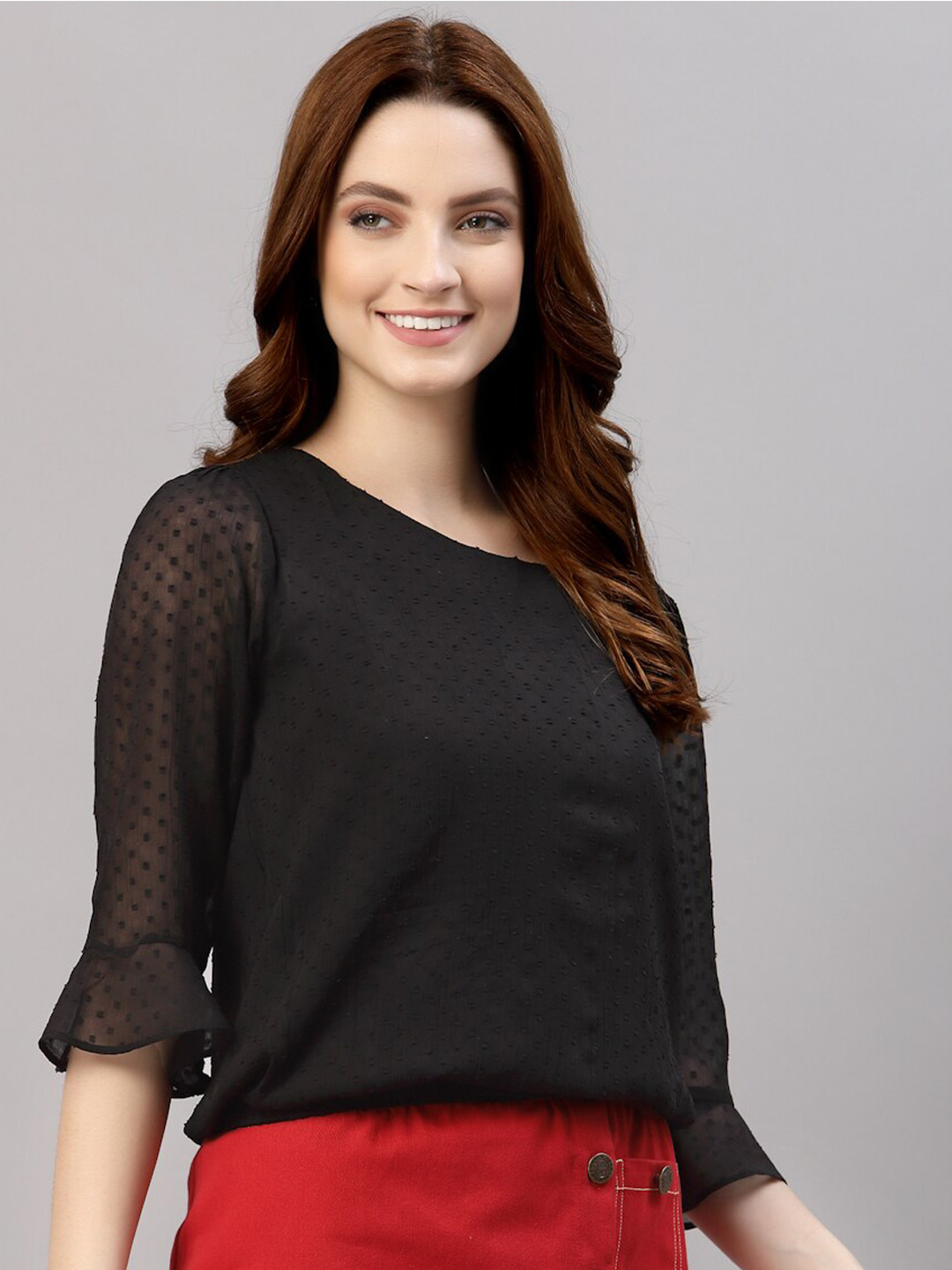 NEUDIS Women Black Chiffon Self Design Ruffle Sleeve Regular Top