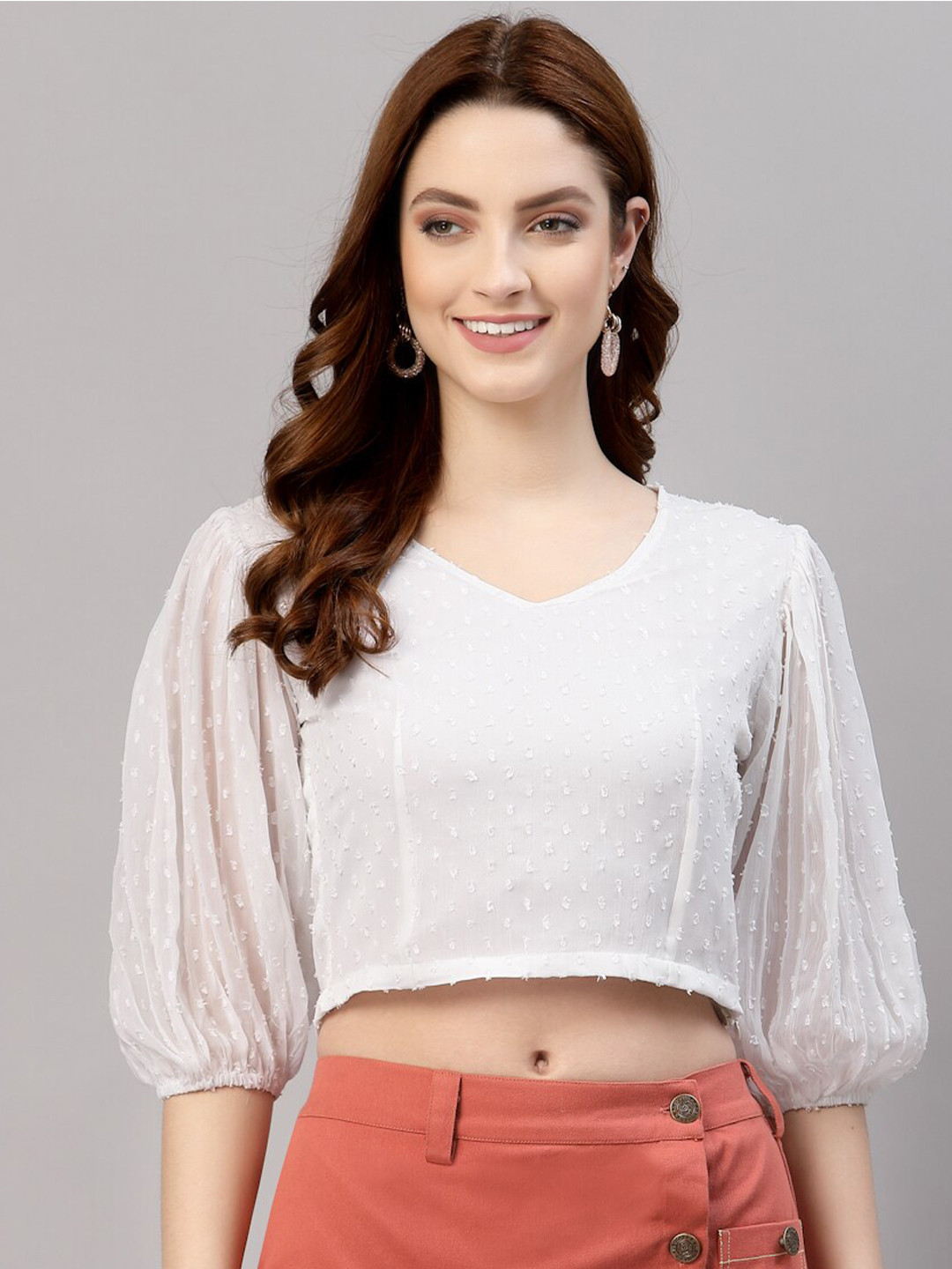 NEUDIS Women White Chiffon Self Design Puff Sleeves Blouson Crop Top