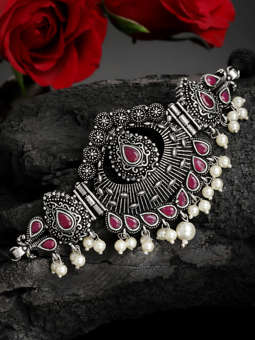 PANASH Oxidized Silver-Toned Pink Stone-Studded Pearl Choker Necklace