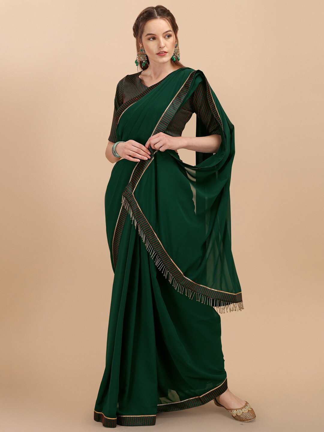 Sangria Bottle Green & Gold-Toned Solid Woven Design Saree