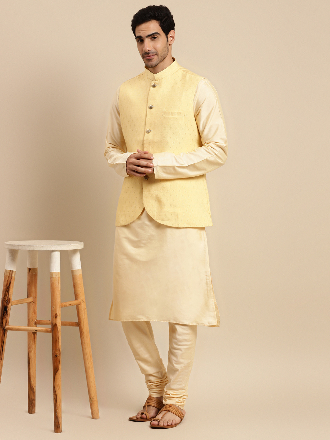 KISAH Men Beige Kurta with Churidar & Nehru Jacket