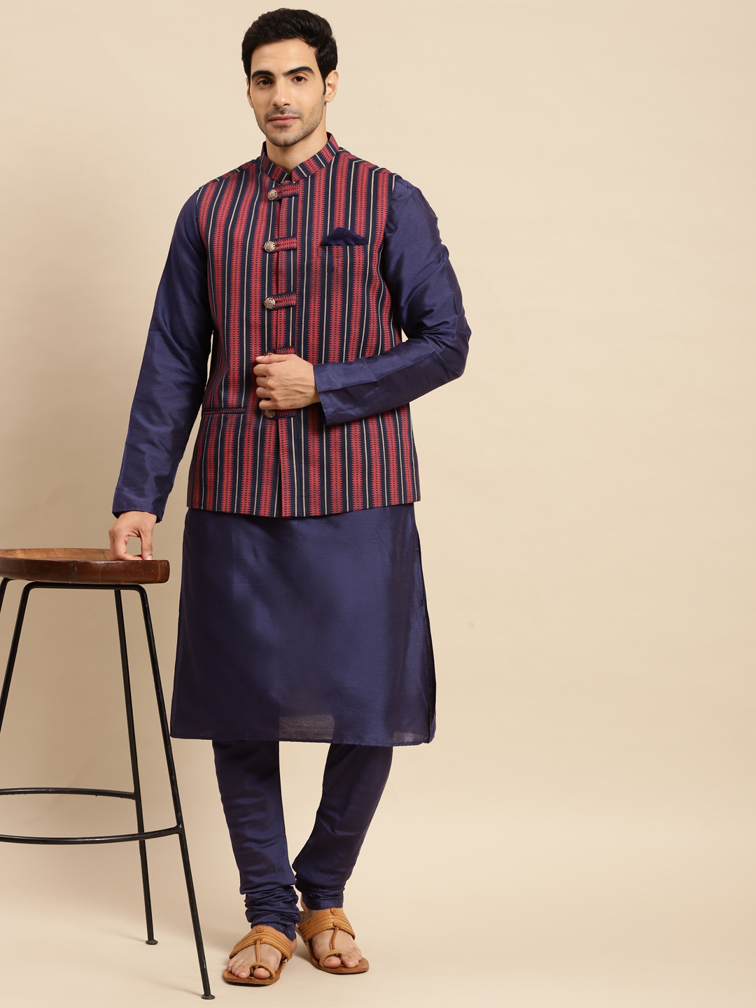 KISAH Men Striped Kurta & Churidar With Nehru Jacket