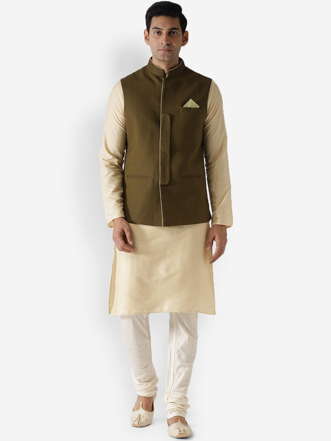 KISAH Men Olive Green Kurta with Churidar & Jacket