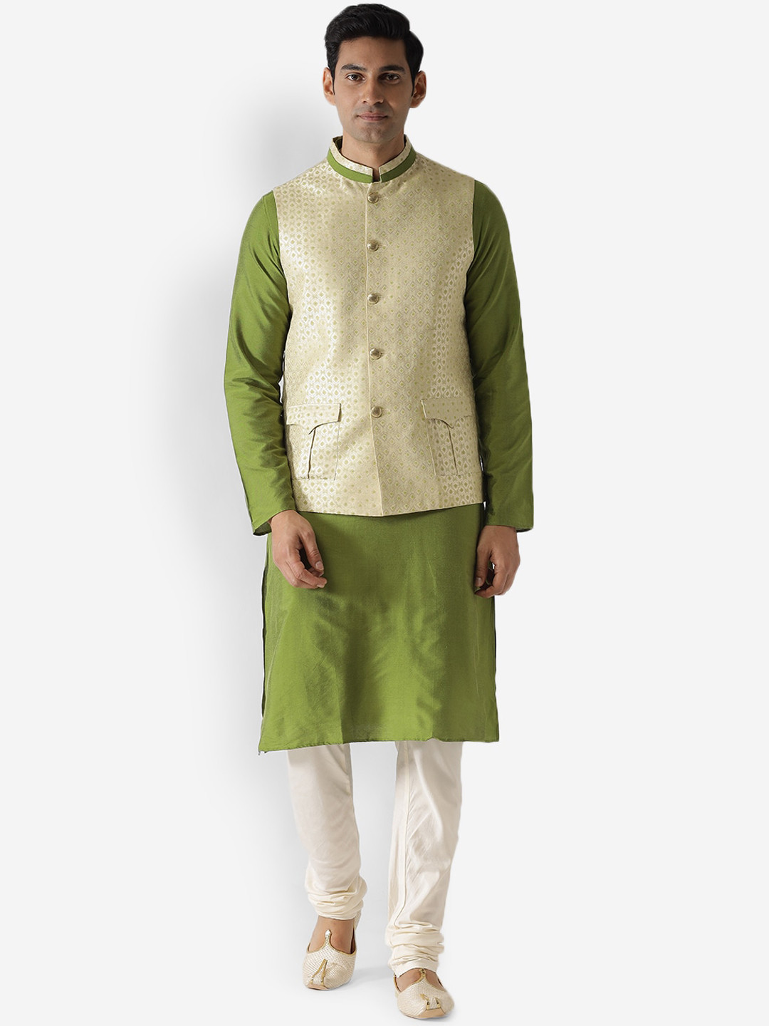 KISAH Men Gold-Toned & Green Kurta with Pyjamas & Nehru Jacket