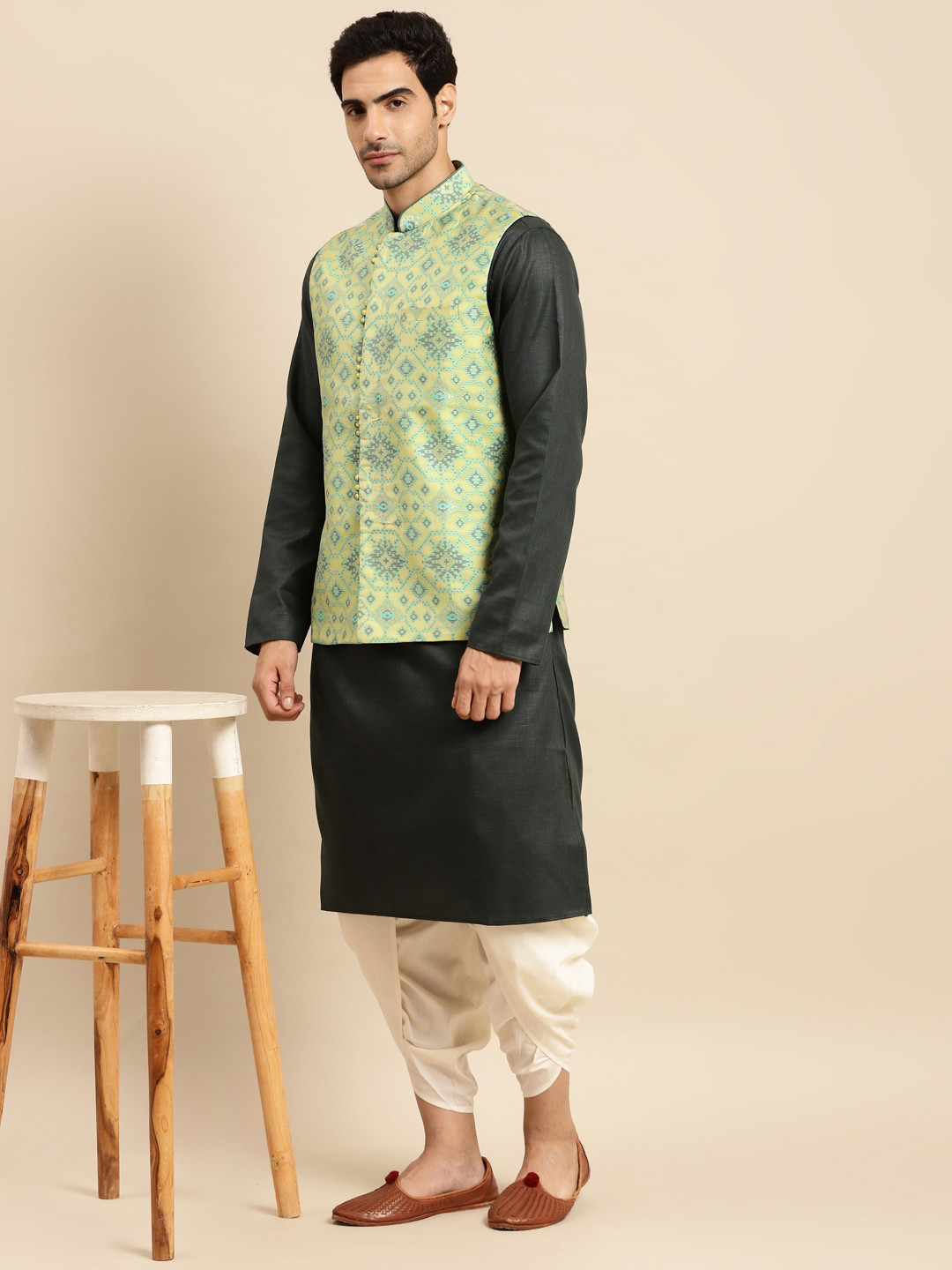 KISAH Men Teal Green & Cream Coloured Kurta And Dhoti Pants With Nehru Jacket