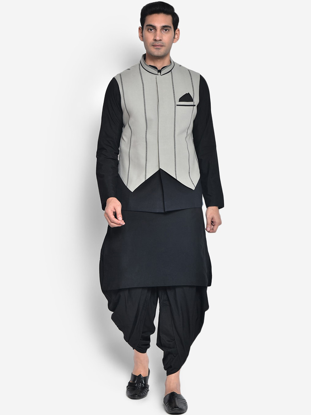 KISAH Men Black Kurta with Dhoti Pants With Waist Coat