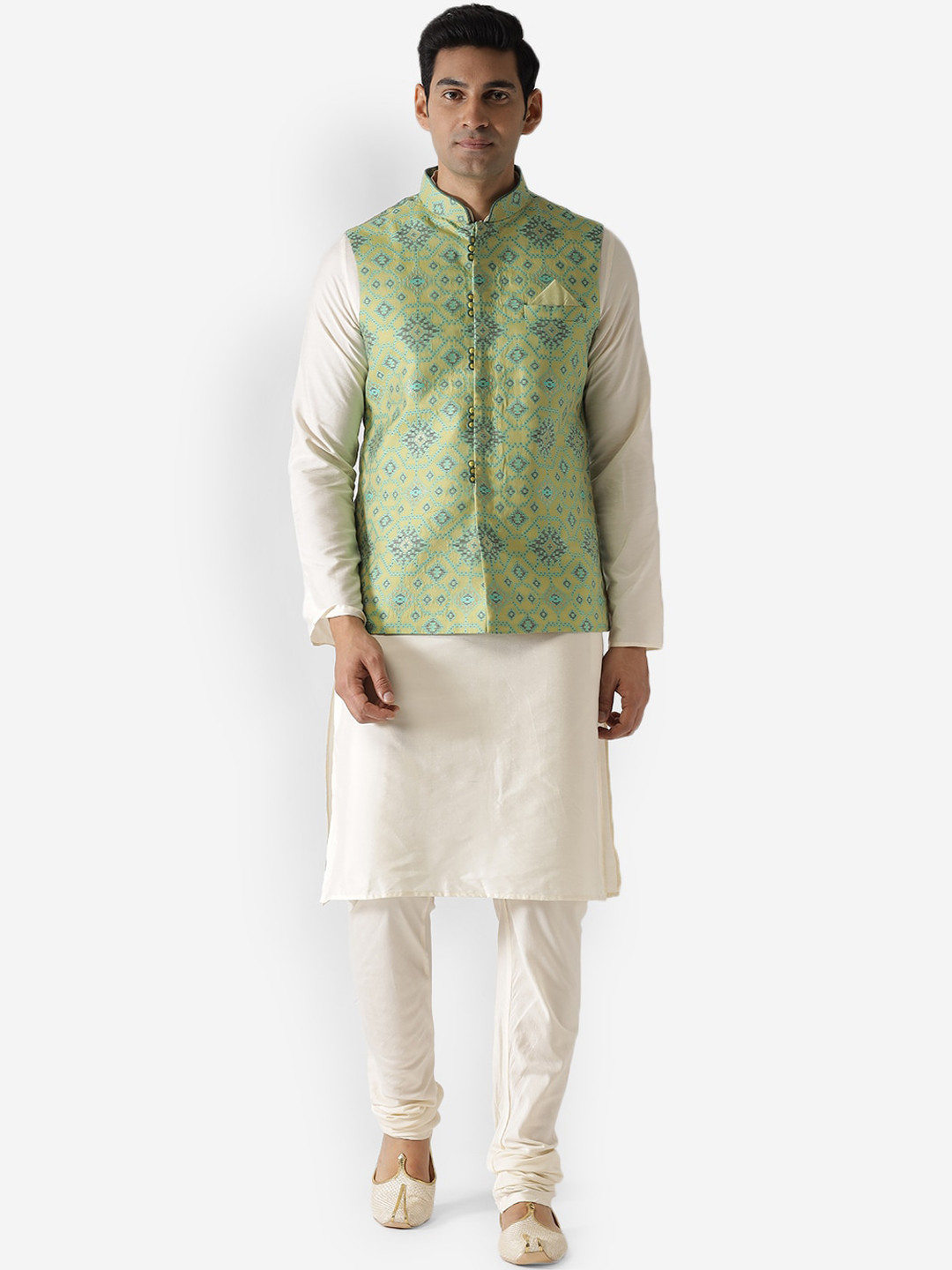 KISAH Men Yellow Kurta with Churidar & Nehru Jacket