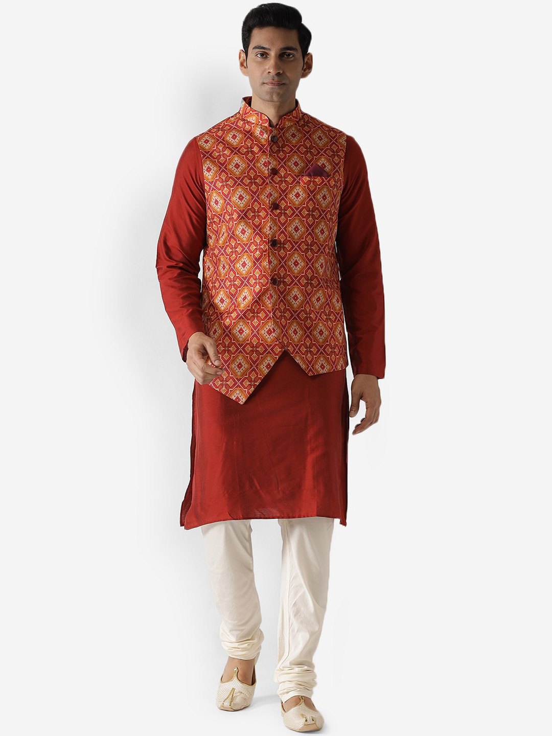 KISAH Men Red Kurta & Churidar With Waist Coat