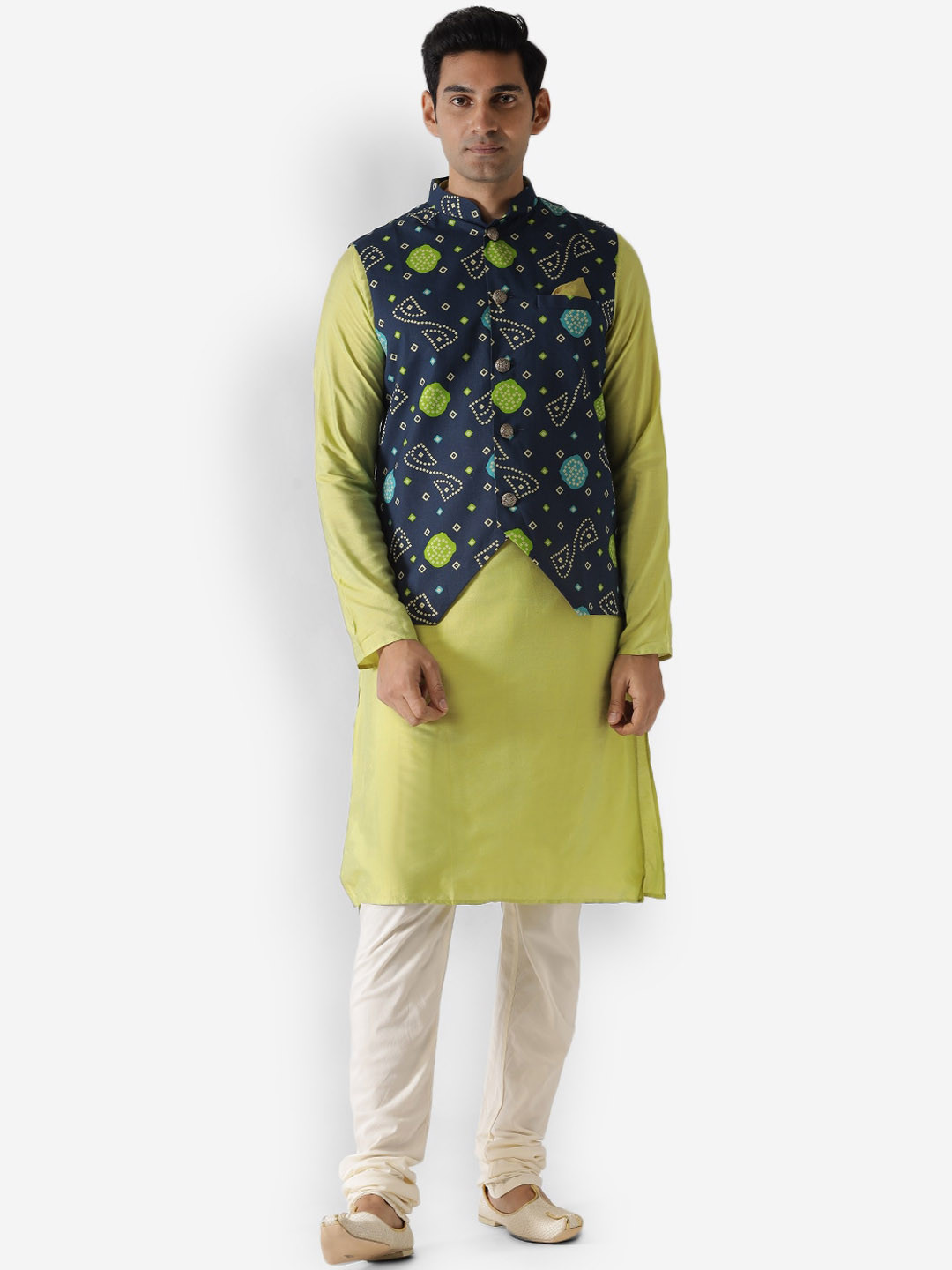 KISAH Men Navy Blue & Green Kurta with Churidar & Nehru Jacket