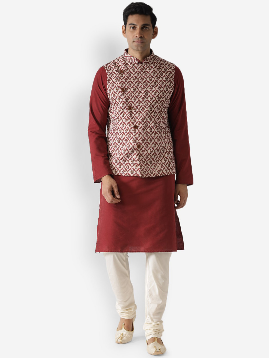 KISAH Men White & Red Floral Printed Kurta with Churidar & Jacket