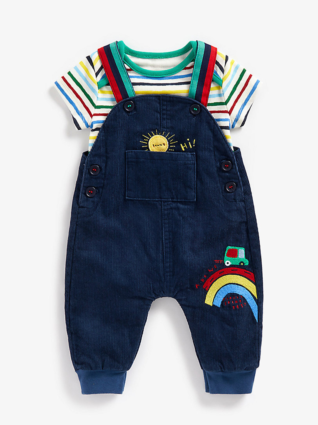 mothercare Infants Boys Blue Solid Dungarees Set With Applique Work