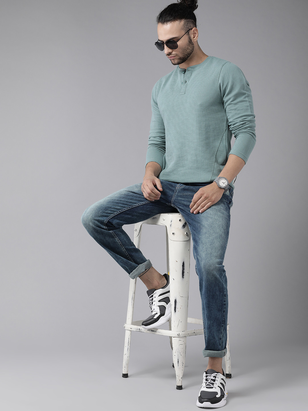 Roadster Men Sea Green Henley Neck T-shirt