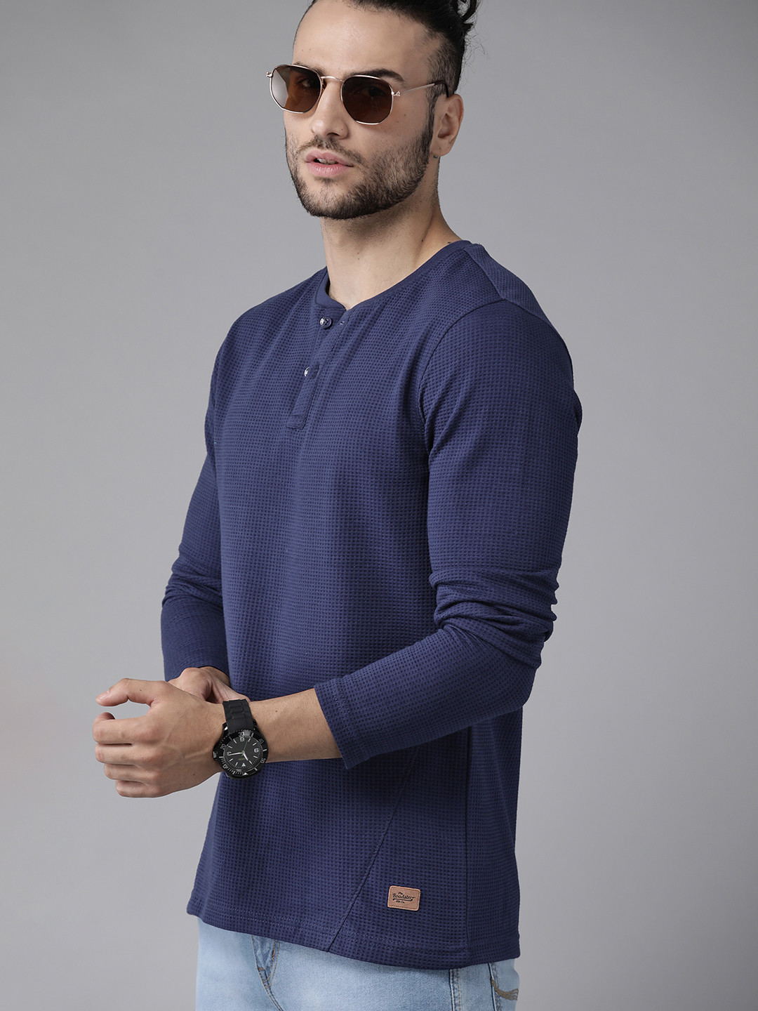 Roadster Men Navy Blue Henley Neck T-shirt