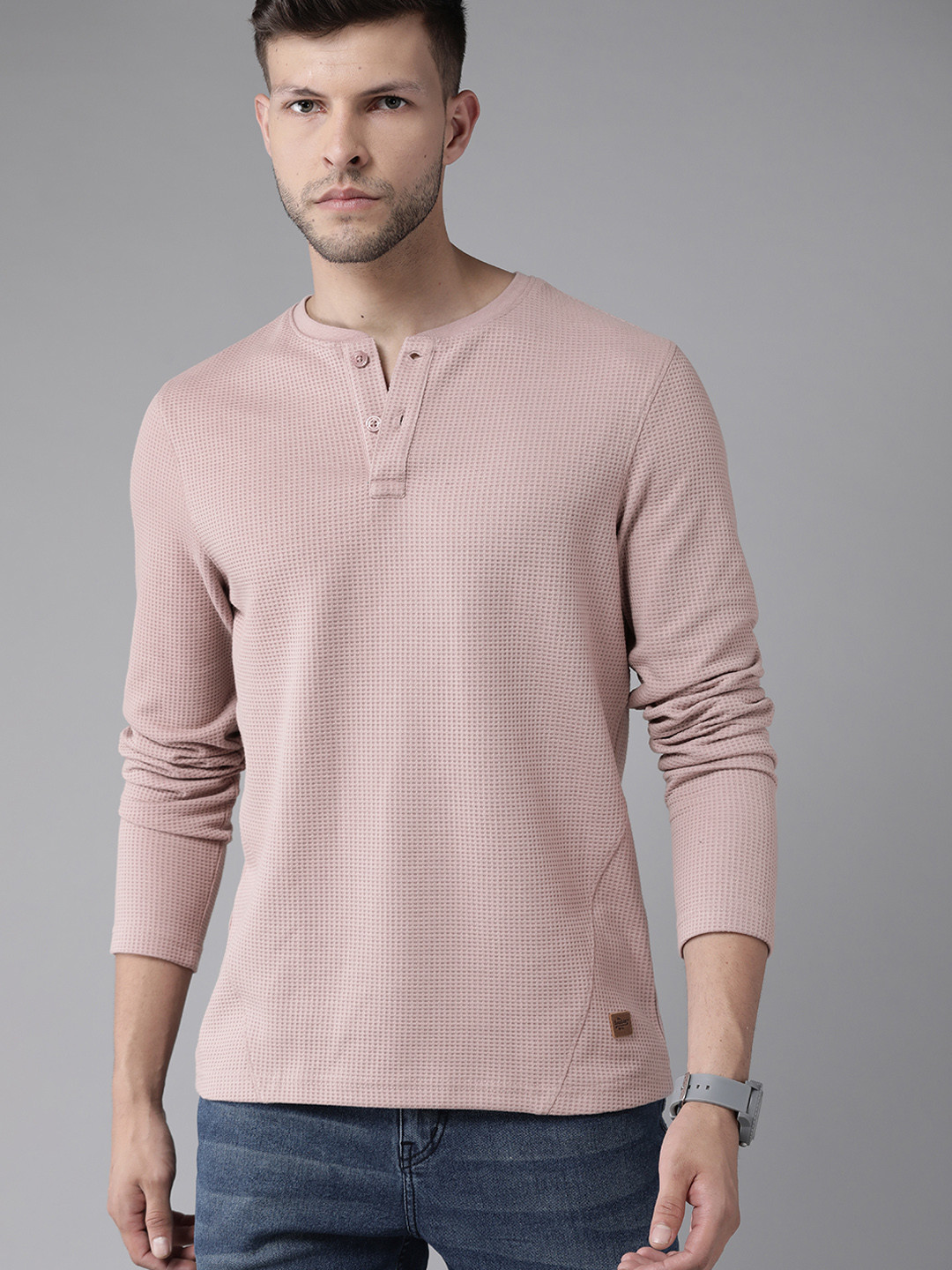 Roadster Men Mauve Henley Neck T-shirt