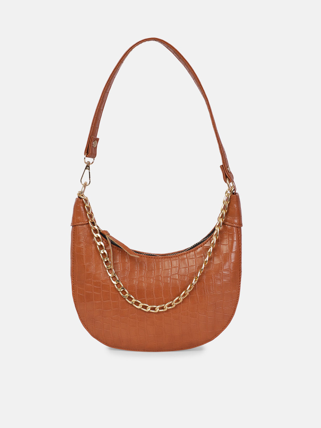 Bagsy Malone Tan PU Half Moon Hobo Bag with Quilted
