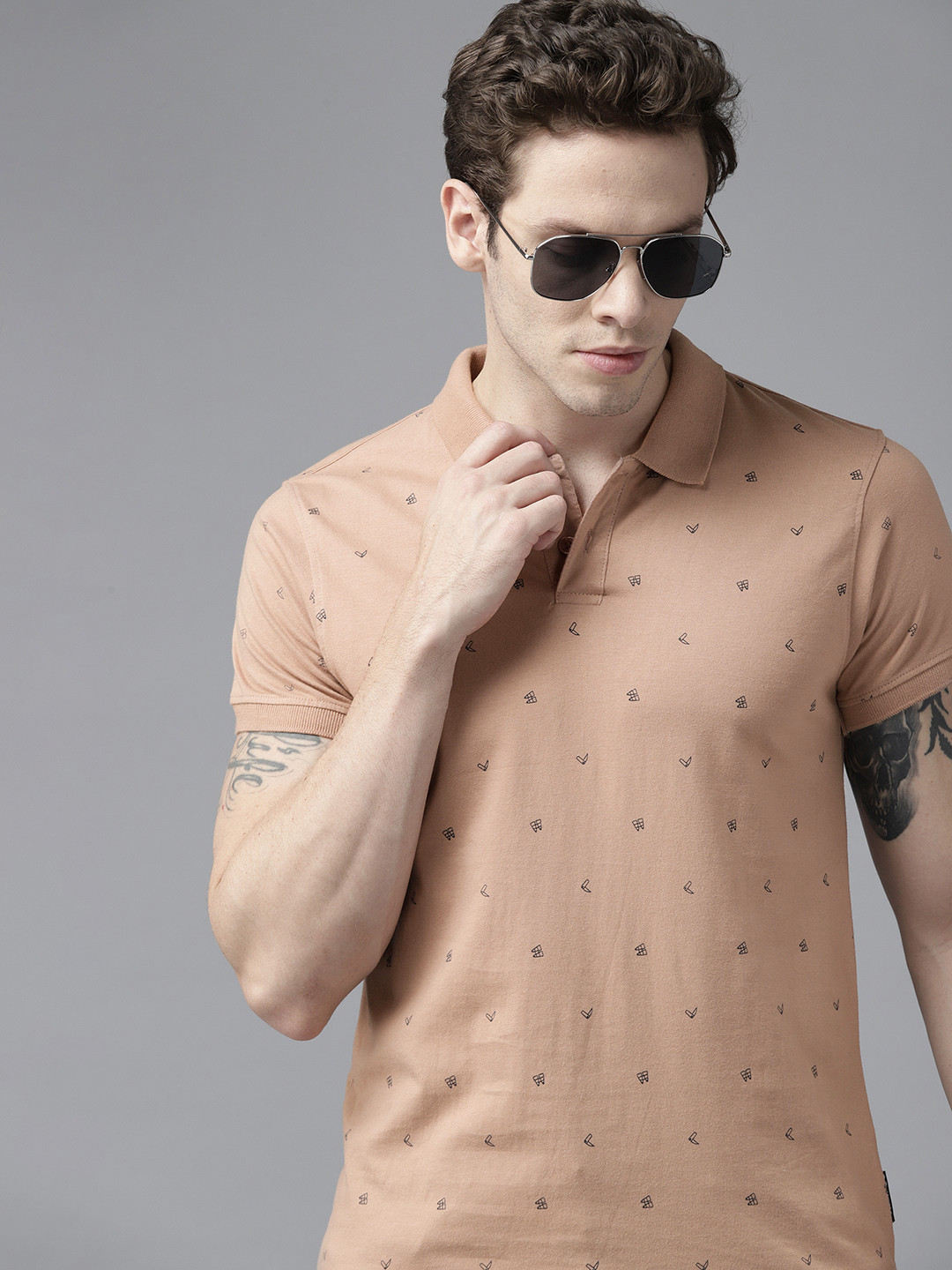 Roadster Men Beige & Black Conversational Printed Polo Collar Pure Cotton T-shirt