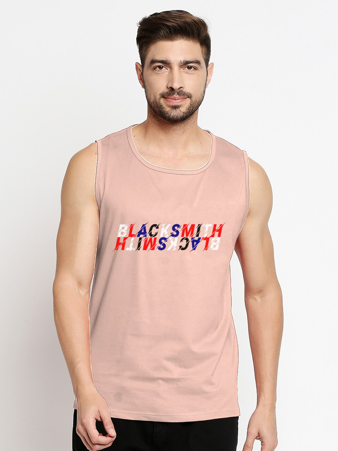 Blacksmith Men Pink & Red Typography Printed Raw Edge Training or Gym T-shirt