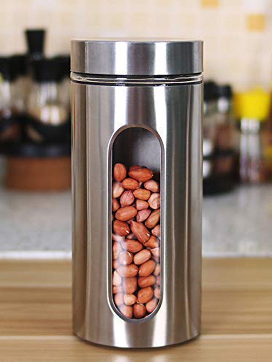 Femora Set Of 2 Transparent & Silver-Toned Food Storage Jar With Glass Window 1000ml each