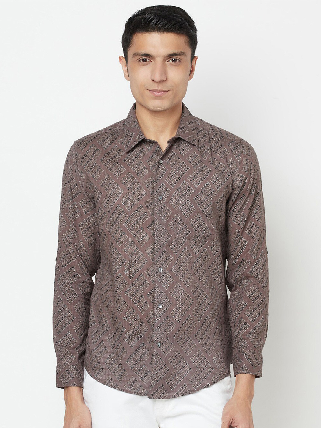 Fabindia Men Grey Slim Fit Printed Cotton Casual Shirt