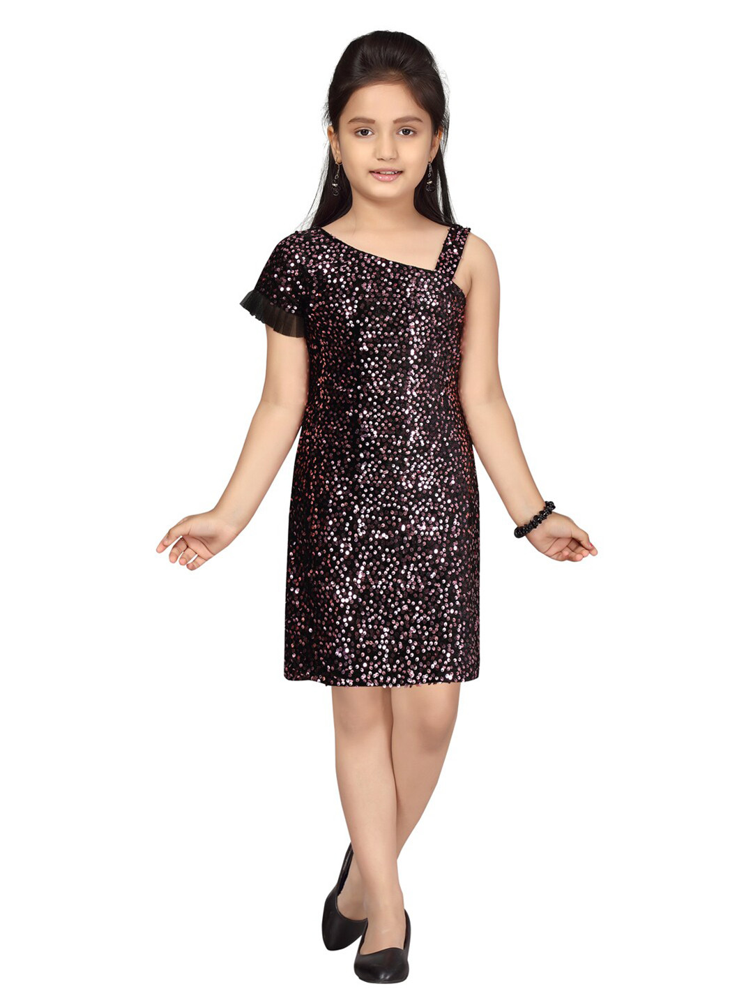 Aarika Pink Embellished Sequin Net A-Line Dress