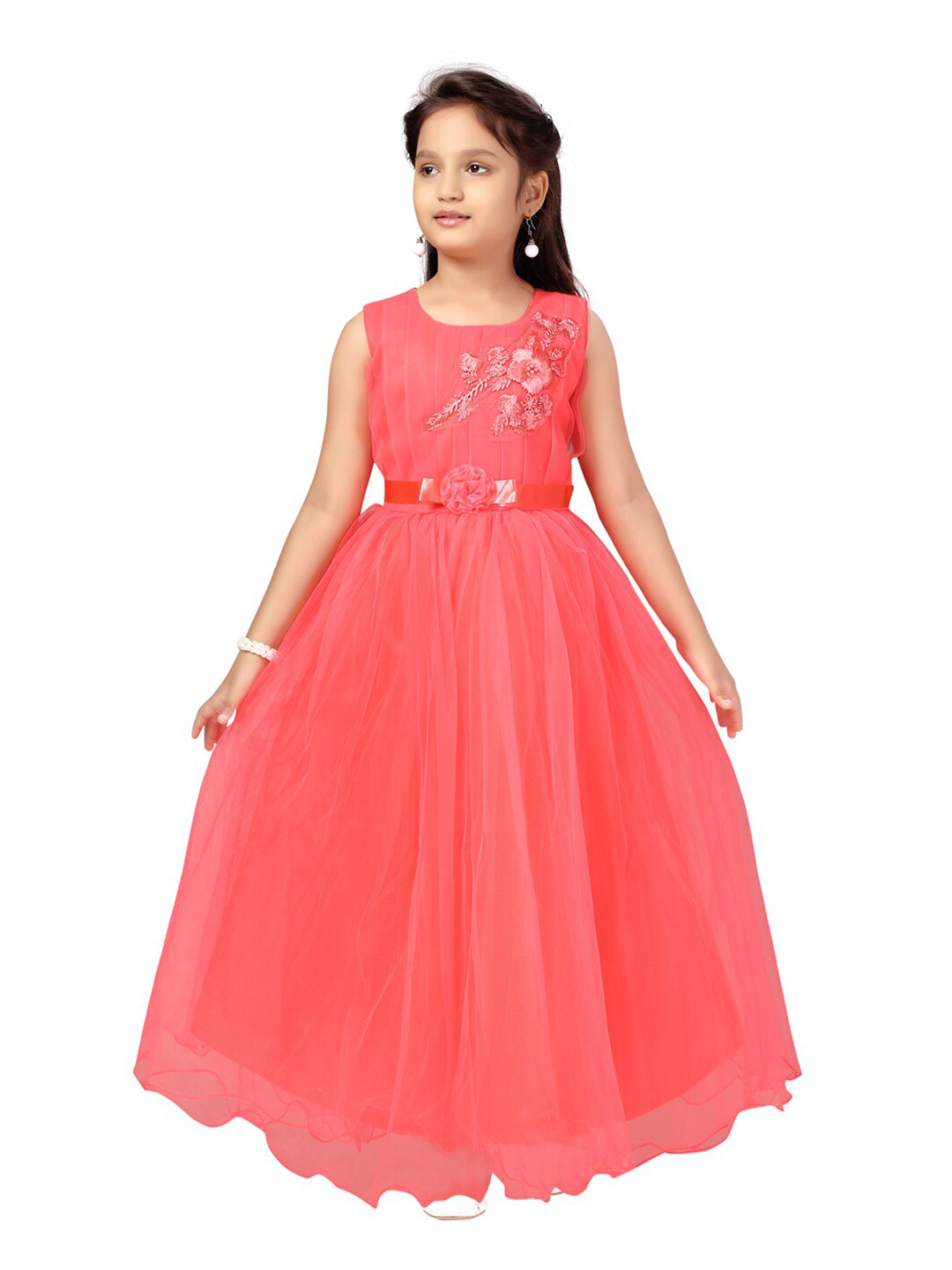 Aarika Girls Red Embroidery Net Maxi Dress