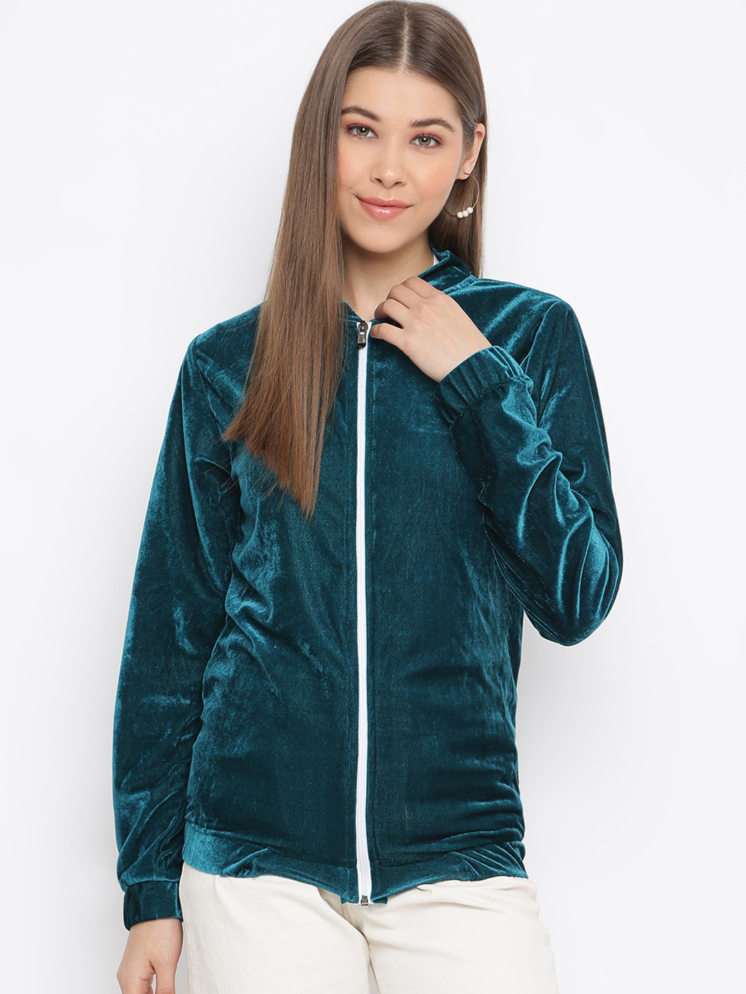 Mayra Women Teal Green Tailored Velvet Jacket